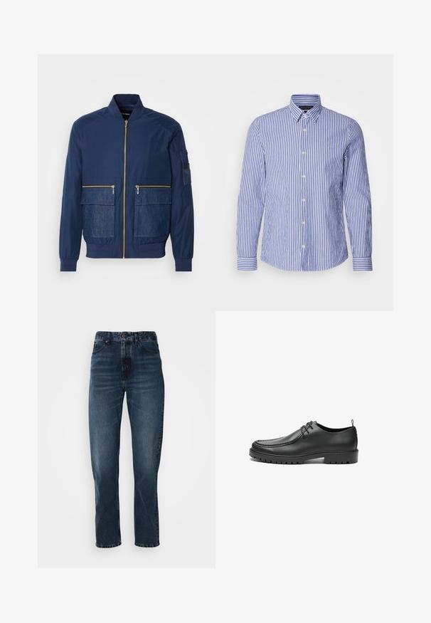 Veste bomber marine avec fermeture éclair à l'avant, accents en denim sur deux poches avant et une poche en maille sur la manche gauche. Tissu texturé.; Chemise à manches longues à rayures bleues et blanches, confectionnée en coton tissé, avec un col classique et un ourlet arrondi. Boutons en nacre.; Jeans droits bleu foncé avec fermeture à bouton et zip à l'avant, design à cinq poches, et subtile décoloration sur les cuisses et les genoux.; Chaussures en cuir noir avec une finition lisse, bout arrondi et coutures décoratives. Elles possèdent une semelle en caoutchouc avec des rainures de traction et un laçage.
