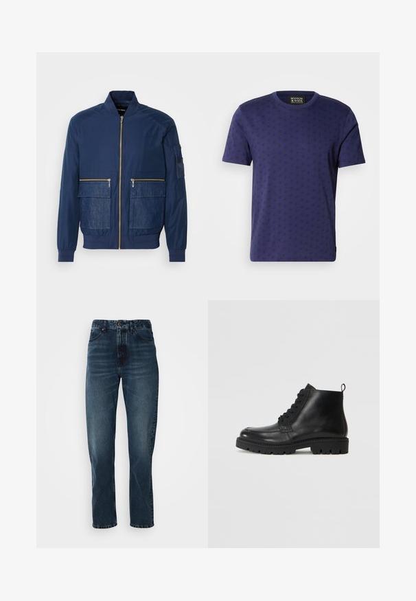Veste bomber marine avec fermeture éclair à l'avant, accents en denim sur deux poches avant et une poche en maille sur la manche gauche. Tissu texturé.; Scotch & Soda REGULAR FIT - T-shirt imprimé - peacoat; Jeans droits bleu foncé avec fermeture à bouton et zip à l'avant, design à cinq poches, et subtile décoloration sur les cuisses et les genoux.; Bottines en cuir noir à bout rond, avec des lacets à l'avant et une semelle en caoutchouc texturée. Comprend une languette à l'arrière pour un enfilage facile.