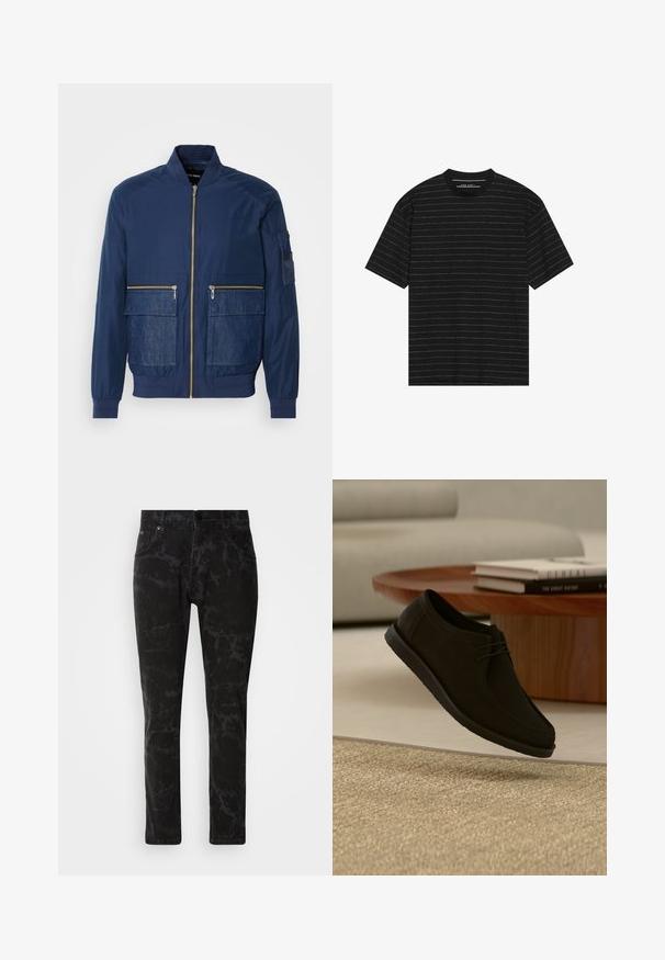 Marineblå bomberjakke med lynlås, denimdetaljer på to forlommer og en mesh-lomme på venstre ærme. Struktureret stof.; Sorte T-shirt med korte ærmer, der har tynde hvide vandrette striber. Fremstillet af blødt stof med rund halsudskæring og afslappet pasform.; Sorte denim jeans med et marmor mønster, lige ben design, fem-lomme stil og en knaplukning i taljen.; Sort læder snøresko, der svæver over beige tekstureret tæppe, med rundt træbord og stabler af bøger i blød fokus baggrund.