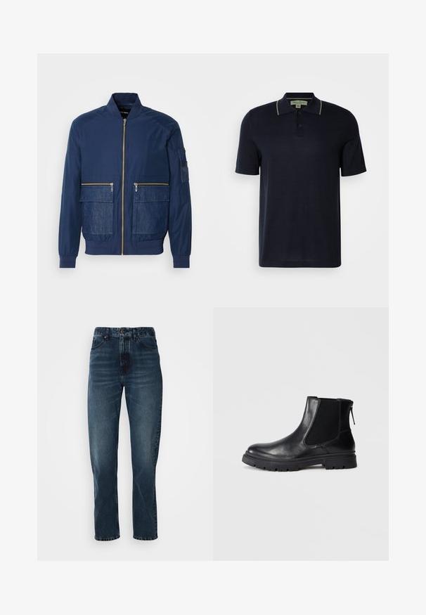 Ναυτικό bomber jacket με φερμουάρ μπροστά, denim λεπτομέρειες σε δύο μπροστινές τσέπες και mesh τσέπη στο αριστερό μανίκι. Υφή υφάσματος.; Σκούρο μπλε κοντομάνικο πόλο μπλουζάκι με δύο κουμπιά και διακριτική μπεζ περιθήκη στον γιακά, εκτεθειμένο σε απλό φωτεινό φόντο.; Σκούρο μπλε τζιν παντελόνι σε ίσια γραμμή με κούμπωμα μπροστά και φερμουάρ, πέντε τσέπες και διακριτική φθορά στους μηρούς και τα γόνατα.; Μαύρη δερμάτινη μποτάκι μέχρι τον αστράγαλο με λείο φινίρισμα, πλευρικές πάνελ από ελαστικό δίχτυ και ανθεκτική σόλα με ορατό σχέδιο πέλματος.