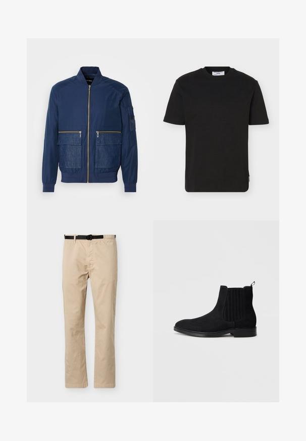 Marineblå bomberjakke med lynlås, denimdetaljer på to forlommer og en mesh-lomme på venstre ærme. Struktureret stof.; Sort, kortærmet T-shirt med rund hals og en lille mærkeetiket på nederste sidesøm.; Beige bukser med lige ben, sort justerbart bælte, elastik i taljen på den ene side og detaljer med søm foran.; Sort ruskind Chelsea-støvle med elastiske sidepaneler, rund tå, subtil tekstur og hæklenke. Flad gummisål.