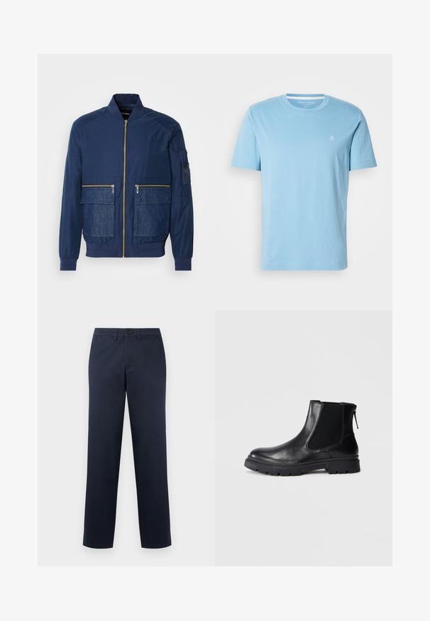 Marineblå bomberjakke med lynlås, denimdetaljer på to forlommer og en mesh-lomme på venstre ærme. Struktureret stof.; Lyseblå bomuldst-shirt med rund hals, korte ærmer og en lille hvid logo på venstre bryst. Glat tekstur, afslappet design.; Mænds marineblå bukser med lige ben, bæltestropper, knap foran og sidelommer, vist på en ensartet lys baggrund.; Sort læderankelstøvle med en glat overflade, elastiske mesh-sider og en robust sål med synligt mønster.
