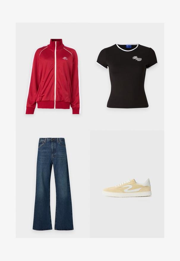 Rode ritsjack met hoge kraag, witte accenten op de schouders, twee voorkwestjes en geribbelde manchetten en zoom. Heeft een geborduurd logo op de borst.; Zwarte getailleerde T-shirt met korte mouwen, witte kraag en accenten op de mouwen, met een grafisch logo op de bovenkant van de voorkant. Soepele stoftextuur.; Donkerblauwe denim jeans met een hoge taille en een wijde, uitlopende pijp, voorzien van een knoop- en ritssluiting aan de voorkant en voorzakken.; Stuart Weitzman RUNAROUND - Sneakers laag - cream/white