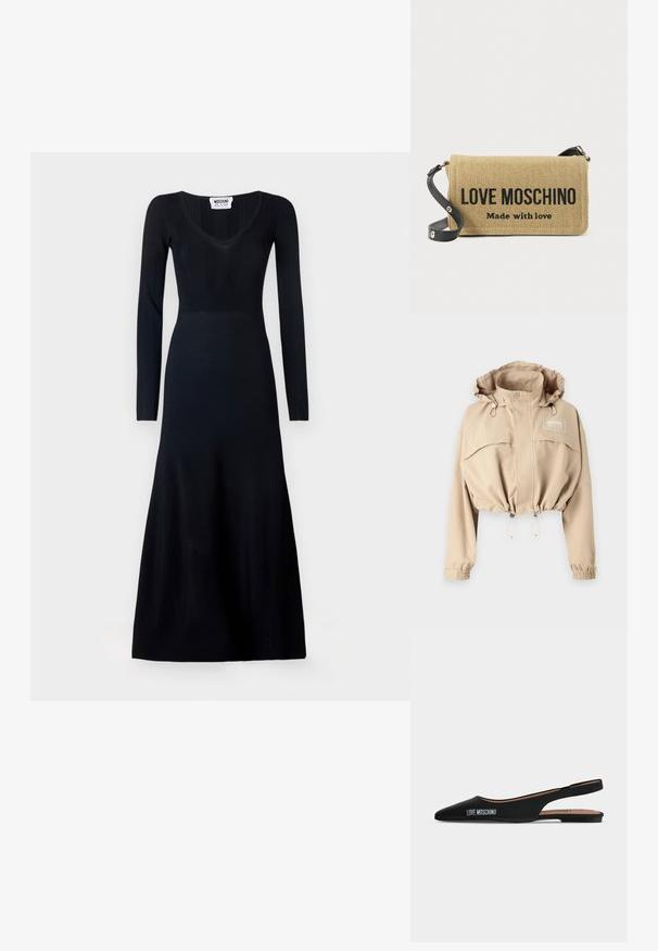 Beskåret beige jakke med justerbar hætte, elastisk bund og manchetter. Har en frontlomme og logo på brystet, lavet af letvægtsstof.; Langærmet sort kjole med tætsiddende overdel og V-hals. Ribbet tekstur på den øverste del, glat stof på nederdelen, gulvlængde.; Sort spids slingback flad sko med lav hæl og "LOVE MOSCHINO"-logo på siden mod en enkel lys baggrund.; Beige vævet crossbody-taske med sort justerbar rem, med fed sort "LOVE MOSCHINO Made with love"-tekst på den forreste klap.