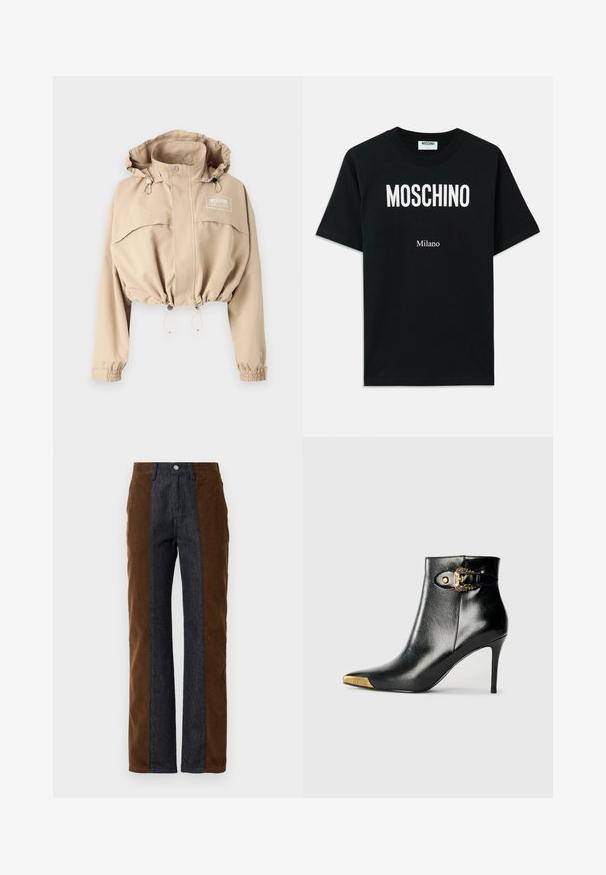 Beskåret beige jakke med justerbar hætte, elastisk bund og manchetter. Har en frontlomme og logo på brystet, lavet af letvægtsstof.; Sort bomulds T-shirt med en fed hvid "MOSCHINO" logo øverst og "Milano" nedenunder, med korte ærmer og rund halsudskæring.; Corduroy- og denimbukser med lodret panelering i mørkebrun og navy blå, med lige pasform og standard fem-lomme design.; Sort ankelstøvle lavet af skinnende læder med spids tå, stilet hæl og guldfarvet hardware med en dekorativ spænde-detalje.