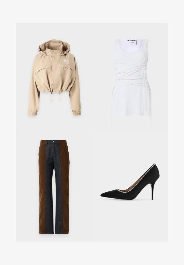 Beige Jacke im Cropped-Stil mit verstellbarem Kapuzen, elastischem Saum und Bündchen. Verfügt über eine Fronttasche und ein Logo auf der Brust, aus leichtem Material gefertigt.; Weißes geripptes Tanktop mit gekreuzten Schnürdetails, runder Ausschnitt und geradem Saum. Marke: Moschino Couture.; Cordhosen und Jeans mit vertikalen Paneelen in dunkelbraun und Marineblau, geradem Schnitt und klassischem Fünf-Taschen-Design.; Schwarzer spitzer High-Heel-Schuh mit Stiletto-Absatz und "LOVE MOSCHINO" Textbesatz entlang der Öffnungskante, Seitenansicht vor weißem Hintergrund.