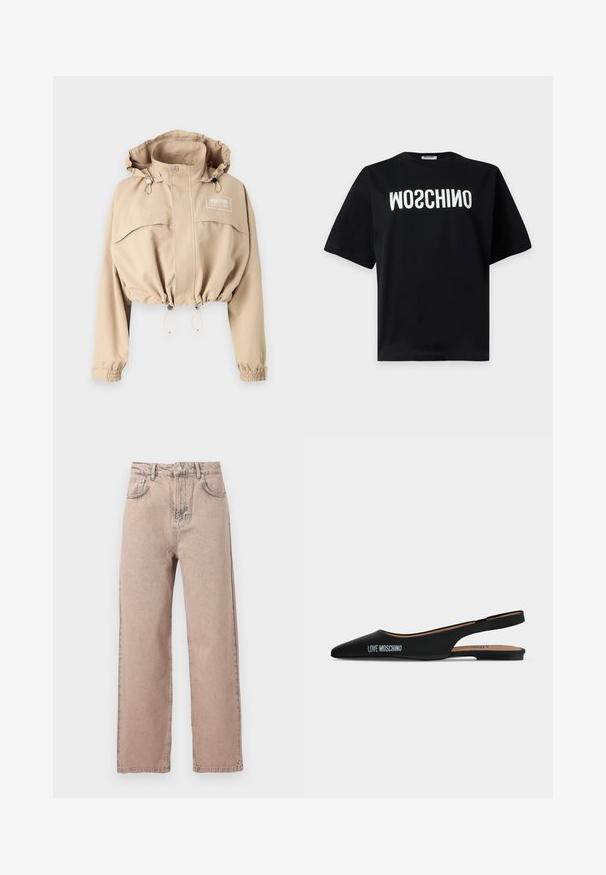 Chaqueta beige recortada con capucha ajustable, dobladillo elástico y puños. Presenta un bolsillo frontal y un logo en el pecho, fabricada con un tejido ligero.; Camiseta negra de manga corta con texto invertido blanco "MOSCHINO" impreso en el pecho en letras mayúsculas y en negrita.; Jeans beige de talle alto y pierna recta con botón frontal, trabillas para cinturón y diseño clásico de cinco bolsillos sobre un fondo liso.; Zapato plano slingback negro punteado con tacón bajo y logo "LOVE MOSCHINO" en el lateral sobre un fondo claro liso.