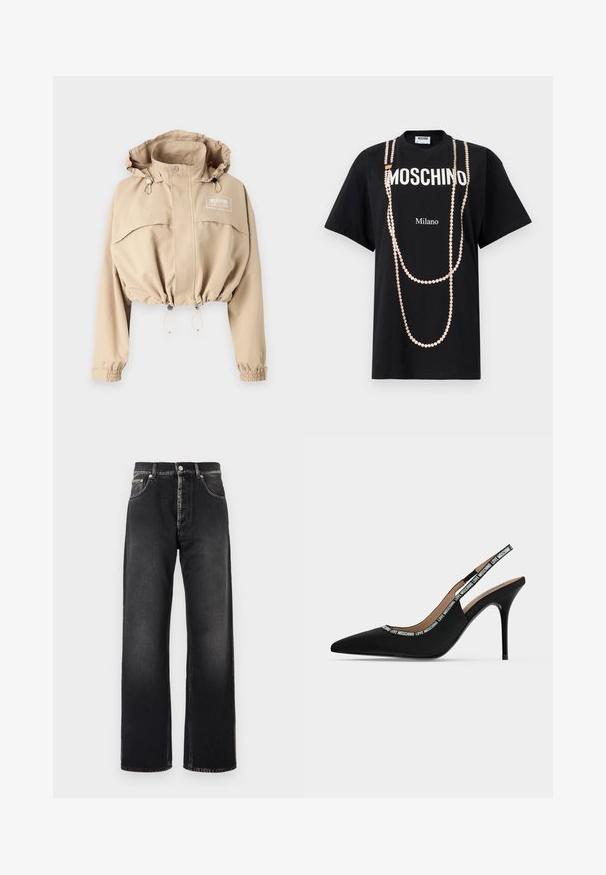 Beige Jacke im Cropped-Stil mit verstellbarem Kapuzen, elastischem Saum und Bündchen. Verfügt über eine Fronttasche und ein Logo auf der Brust, aus leichtem Material gefertigt.; Schwarzes T-Shirt mit den Schriftzügen "MOSCHINO" und "Milano". Verziert mit einem pinkfarbenen Perlenprint, der wie hängende Halsketten gestaltet ist. Kurze Ärmel.; Schwarze Jeans mit geradem Bein, leicht ausgewaschen, Fünf-Taschen-Design und Knopfverschluss vor weißem Hintergrund.; Schwarzer spitzer Slingback-Pumps mit dünnem Stiletto-Absatz und "LOVE MOSCHINO" Text auf dem Riemen und Rand.