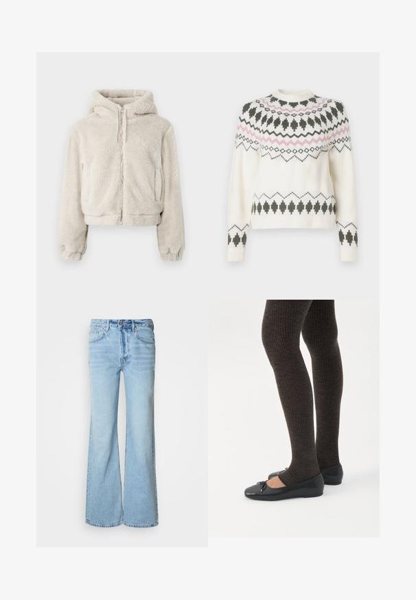 Haut zippé coupé en molleton beige clair et pelucheux. Doté d'une capuche, de poignets élastiques et de deux poches latérales. Texture douce avec un look confortable.; Pull en tricot blanc avec des motifs géométriques noirs et roses sur la poitrine, les manches et l'ourlet, présentant un col rond et des poignets côtelés.; Jean bleu clair avec une coupe pattes d'éléphant, fabriqué en denim, doté d'une fermeture à bouton sur le devant, cinq poches, et un léger effet délavé.; Jambes portant des leggings côtelés foncés associés à des ballerines noires avec de petits détails en nœud sur fond blanc.