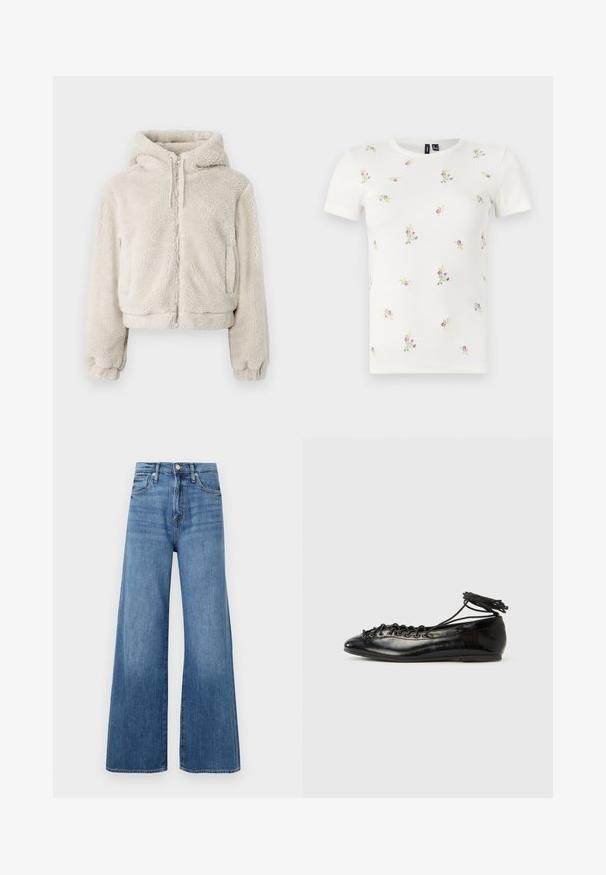 Haut zippé coupé en molleton beige clair et pelucheux. Doté d'une capuche, de poignets élastiques et de deux poches latérales. Texture douce avec un look confortable.; T-shirt en coton blanc à manches courtes, présentant une texture côtelée et une broderie florale dispersée en rose et vert sur l'ensemble.; Jean large à taille haute bleu avec fermeture à bouton et à zip, poches avant et décoloration subtile sur le tissu.; Ballerines en cuir verni noir avec un bout rond, un design à lacets et une semelle plate. Texture lisse avec peu de détails.
