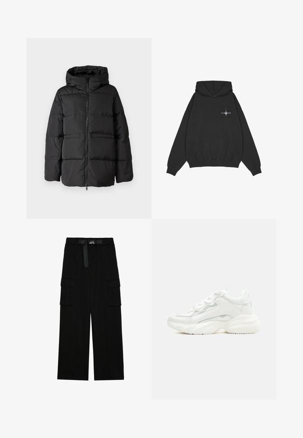 Must must jacket, mille, mille, eese varraste ja horisontaalne õmblus isolatsiooni tagamiseks. Sile tekstuur ja kastjate kuju.; Pegador Kapuutsiga pusa - washed black; Mustad mustad püksid, millel on lai jalgade disain, elastne vöökoht koos rihmaga ja kaks suurt küljetaskut. ; Valged paksud tossud paksu tallaga, esiosal paeltega ja siledast sünteetilisest materjalist pealiskihiga, peenete õmblustega.