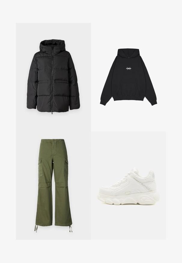 Must must jacket, mille, mille, eese varraste ja horisontaalne õmblus isolatsiooni tagamiseks. Sile tekstuur ja kastjate kuju.; Pegador BELLY OVERSIZED HOODIE - Kapuutsiga pusa - washed black; Oliivrohelised puuvillased cargo püksid, millel on lai jalgade disain, kaks küljetaskut ja reguleeritavad nöörid ääres.; Valge jämeda tallaga tossude stiilis jalanõu, nööritav, külgedel ja kannal on "Buffalo" bränd.