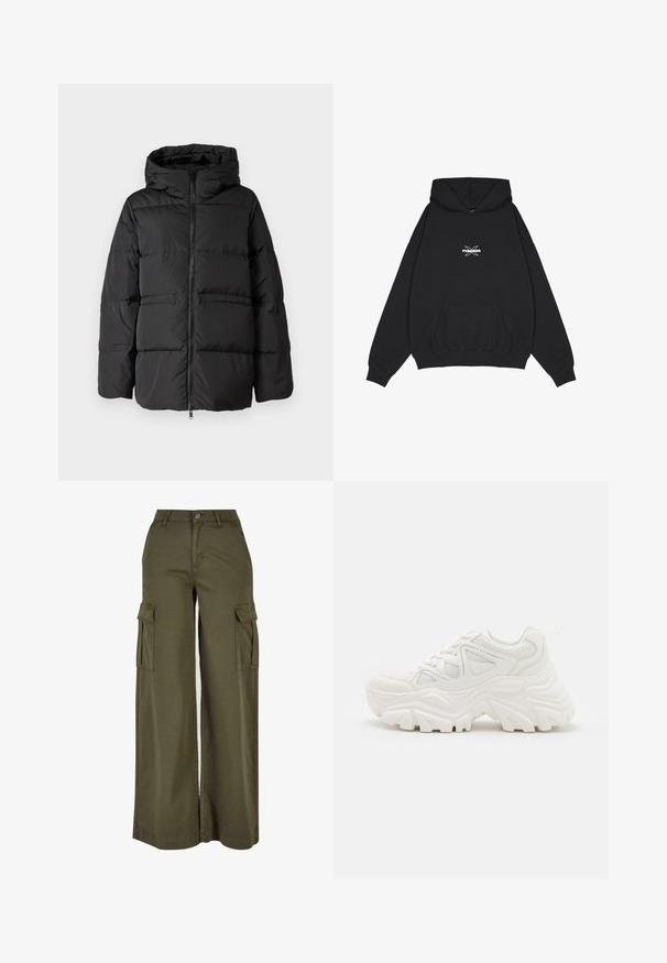 Sort pufferjakke med hætte, lynlås foran og vandret syninger til isolering. Glat tekstur med en firkantet form.; Pegador BELLY OVERSIZED HOODIE - Hættetrøje - washed black; Olivengrønne bredde cargo bukser med to sidelommer, lavet af et blødt, holdbart stof. Har detaljeret syning og en knaplukning.; Hvide chunky sneakers med en tekstureret overdel, mesh-paneler og tykke gummisåler med et markant dækmønster. Snørebånd og en pull-tab medfølger.