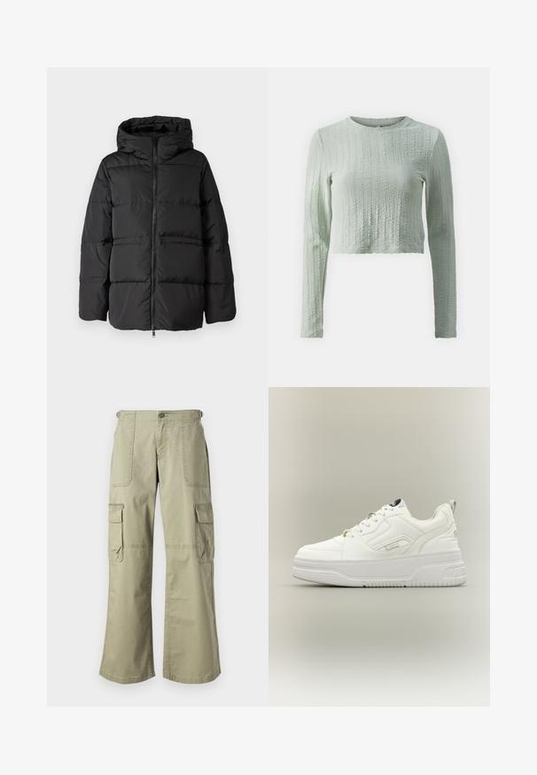Sort pufferjakke med hætte, lynlås foran og vandret syninger til isolering. Glat tekstur med en firkantet form.; Lys grøn cropped langærmet top lavet af tekstureret stof med et ribbet mønster og rund hals. Blød finish, letvægtsdesign.; Khaki cargo bukser med afslappet pasform, der har to sidelommer, en frontknaplukning og brede ben. Lavet af bomuldsstof med en glat tekstur.; Hvid atletiksko med glat, læderlignende overdel, forstærket tå, snørelukning, polstret krave og tekstureret gummisål.