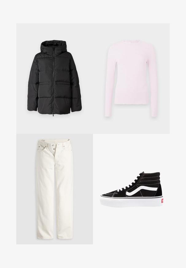 Sort pufferjakke med hætte, lynlås foran og vandret syninger til isolering. Glat tekstur med en firkantet form.; Pink langærmet top i ribbet текстur, med en flæsekrave og et tætsiddende design med frynset kantdetalje.; Hvide jeans med høj talje, lige ben, knaplukning, lommer foran og bagpå samt synlige kobbernitter i lommekanterne.; Sorte høj-top sneakers med hvide snørebånd, et hvidt logo og kontrasterende hvid syning. Har en tyk hvid sål og struktureret ruskindsoverdel.