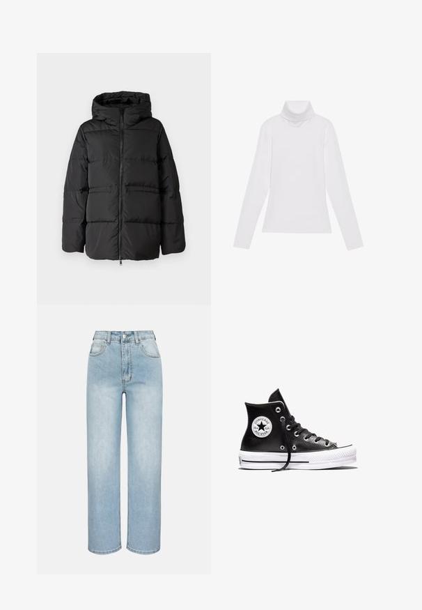 Zwarte pufferjack met een capuchon, rits aan de voorkant en horizontale stiksels voor isolatie. Gladde textuur met een boxy vorm.; Witte lange mouw turtleneck top gemaakt van glad, elastisch materiaal. Voorzien van een hoge kraag en een getailleerd ontwerp, zonder zichtbare patronen of versieringen.; Lichtblauwe high-waist rechte jeans met voorste knoop, ritssluiting, riemlussen en een ontwerp met vijf zakken, tegen een effen achtergrond.; Zwarte hoge Converse Chuck Taylor All Star sneaker met witte rubberen zool en logo-opdruk op de enkel, weergegeven op een witte achtergrond.