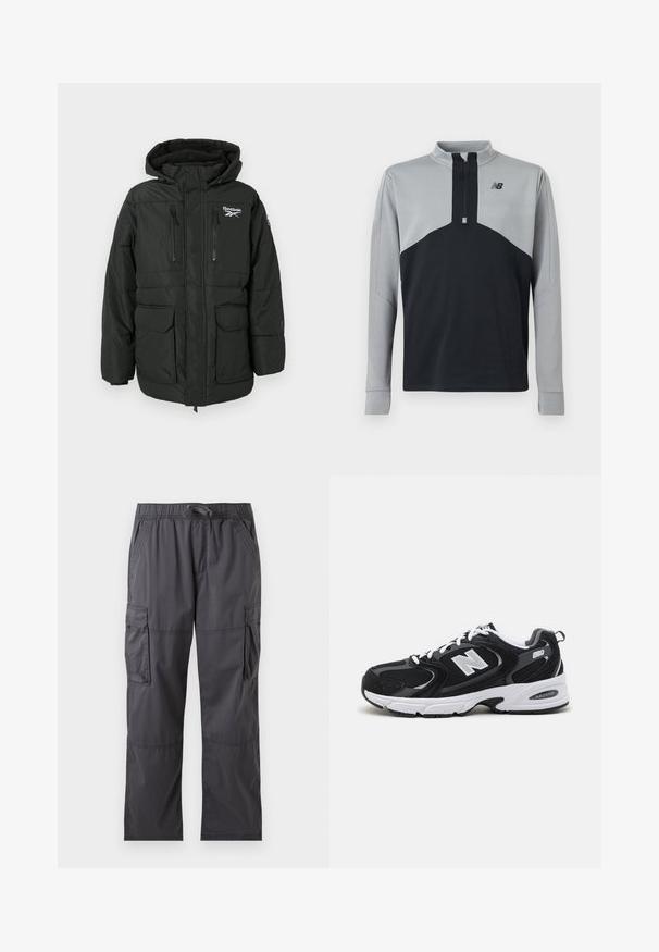 Veste matelassée noire avec capuche, portant un logo sur la poitrine, deux poches zippées sur la poitrine et deux grandes poches avant à rabat.; Pull-over de sport à manches longues avec une demi-fermeture éclair, partie supérieure et manches grises, torse inférieur noir, et un petit logo New Balance sur la poitrine.; Pantalon cargo gris foncé avec ceinture élastique, cordon, poches latérales et poches à rabat sur chaque cuisse, présenté à plat sur fond blanc.; Baskets de sport noires et grises avec un tige en mesh et en suède, présentant une semelle intermédiaire blanche, des lacets et un logo "N" audacieux sur le côté.