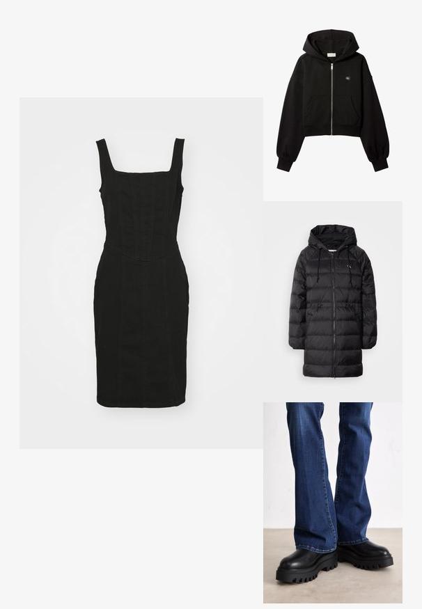 Calvin Klein Jeans Zimný kabát - black; Čierna skrátená kapucňa s predným zipsom, predné vrecká, voľný strih, elastické manžety a malé logo Calvin Klein na prsiach.; Čierne deninové šaty s priliehavým strihom, štvorcovým výstrihom a širokými ramienkami. Obsahujú vertikálne švy a lem po kolená. Hladká textúra.; Masívne čierne platformové čižmy s textúrovanou gumovou podrážkou, okrúhlou špičkou a hladkým koženým zvrškom, kombinované s modrými rozšírenými džínami.