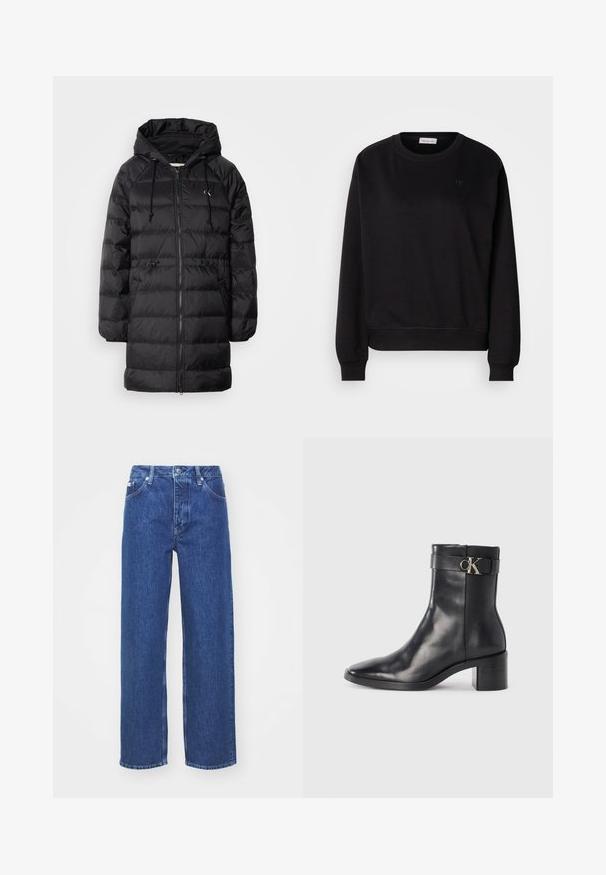 Calvin Klein Jeans Vinterfrakke - black; Sort sweatshirt lavet af blødt materiale, med rund hals, ribbede manchetter og et lille CK-logo på brystet. Simpelt, minimalistisk design.; Blå denim bred-benede jeans med høj talje, med lynlås og knaplukning, bæltestropper og subtilt falmet detaljer på stoffet.; Sort læder ankelstøvle med spids tå, blokhæl og en rem med en metallisk logo detalje. Glat tekstur og minimalistisk design.