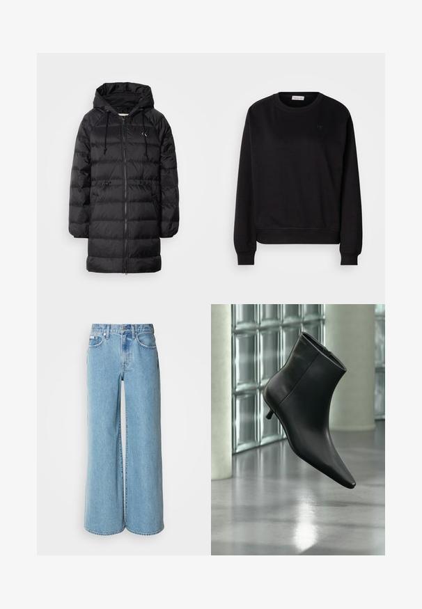 Calvin Klein Jeans Manteau d'hiver - black; Sweatshirt noir en matériau doux, avec un col rond, des poignets côtelés et un petit logo CK sur la poitrine. Design simple et minimal.; Jean large bleu clair en denim, avec une taille haute, un design à cinq poches et un léger dégradé sur le tissu.; Bottine en cuir noir à bout pointu et petit talon kitten, présentée en angle devant un sol poli et un mur en blocs de verre.