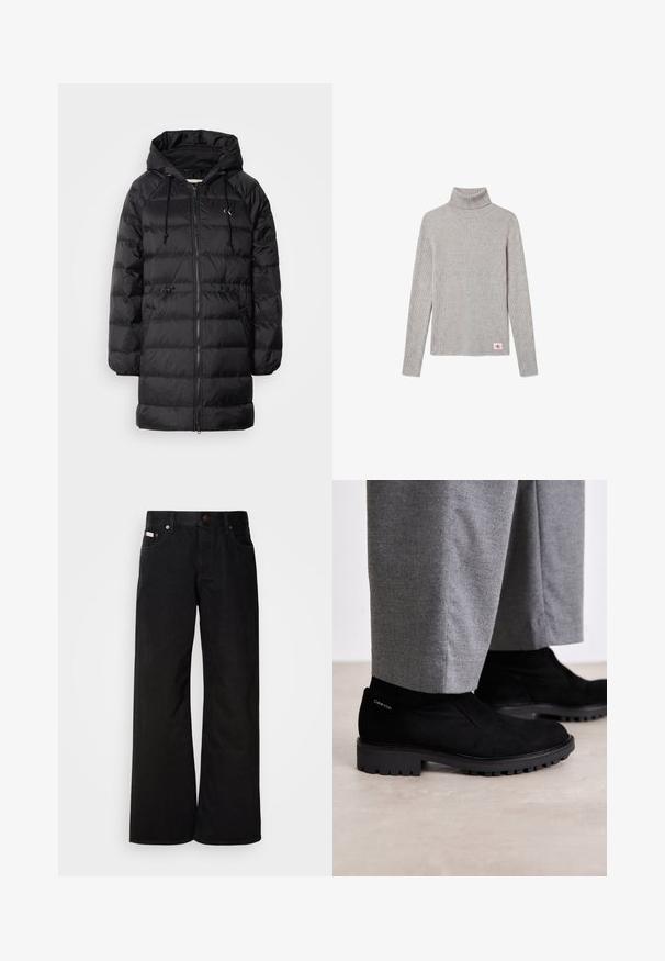 Calvin Klein Jeans Zimný kabát - black; Svetlosivý rebrovaný rolák s dlhým rukávom a malou červeno-bielou nášivkou CK blízko spodného lemu.; Čierne džínsy s širokými nohavicami vyrobené z bavlny. Majú predné vrecká, zapínanie na gombík a klasickú denimovú textúru. Minimalistický dizajn bez vzorov.; Čierne semišové členkové topánky s gumovou podrážkou, s elastickým bočným panelom a logom na päte. Vytvorené na kombináciu so sivými nohavicami.