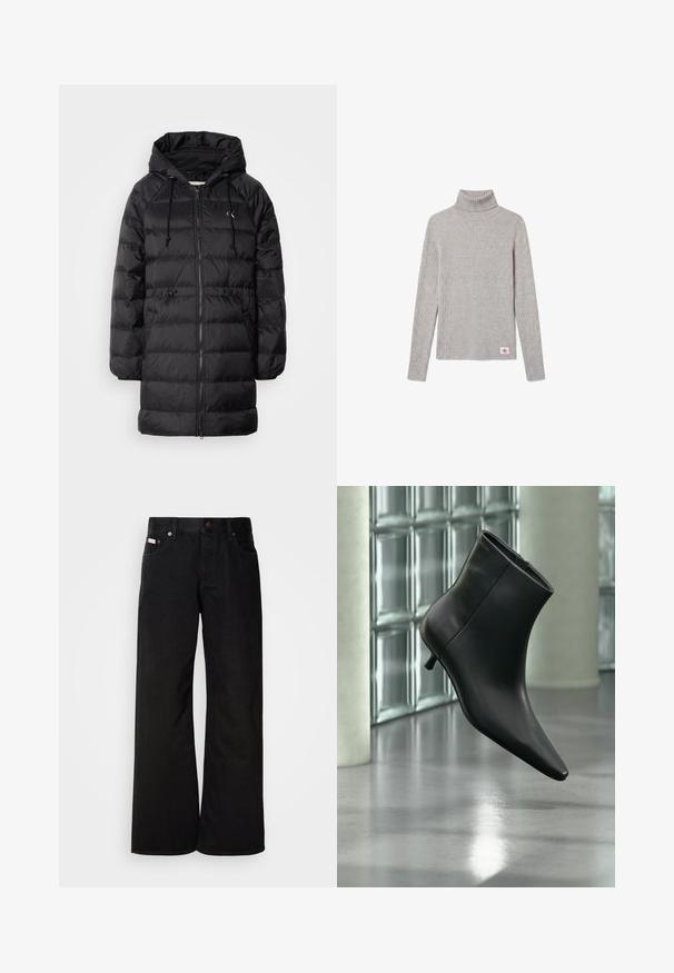 Calvin Klein Jeans Vinterfrakke - black; Lysegrå ribbet langærmet rullekravesweater med et lille rødt og hvidt CK-logo nær nederste kant.; Sorte breddebenede jeans lavet af bomuld. Har forlommer, en knaplukning og en klassisk denimtekstur. Minimalistisk design uden mønstre.; Sort læderankelstøvle med spids tå og lav kitten-hæ, vist vinklet mod en poleret gulv- og glasblokvæg.