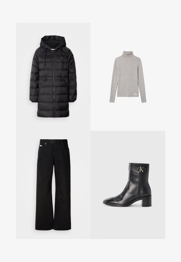 Calvin Klein Jeans Vinterfrakke - black; Lysegrå ribbet langærmet rullekravesweater med et lille rødt og hvidt CK-logo nær nederste kant.; Sorte breddebenede jeans lavet af bomuld. Har forlommer, en knaplukning og en klassisk denimtekstur. Minimalistisk design uden mønstre.; Sort læder ankelstøvle med spids tå, blokhæl og en rem med en metallisk logo detalje. Glat tekstur og minimalistisk design.