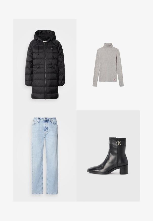 Calvin Klein Jeans Zimný kabát - black; Svetlosivý rebrovaný rolák s dlhým rukávom a malou červeno-bielou nášivkou CK blízko spodného lemu.; Svetlomodré široké džínsy vyrobené z denimu, s vysokým pásom, vyblednutým umývaním a jemným vzorom batikovania na prednej strane.; Čierne kožené členkové čižmy s špicatou špičkou, blokovým podpätkom a pásikom s kovovým logom. Hladká textúra a minimalistický dizajn.