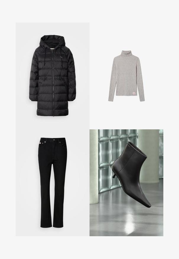Calvin Klein Jeans Vinterfrakke - black; Lysegrå ribbet langærmet rullekravesweater med et lille rødt og hvidt CK-logo nær nederste kant.; Sorte lige ben jeans med frontknap og lynlås, belteklip og fem-lomme design.; Sort læderankelstøvle med spids tå og lille hæl vist mod en væg af glasblokke og poleret gulv baggrund.