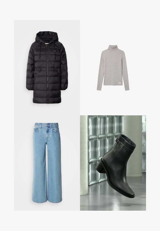 Calvin Klein Jeans Manteau d'hiver - black; Pull à col roulé côtelé gris clair à manches longues avec un petit écusson du logo CK rouge et blanc près de l'ourlet inférieur.; Jean large bleu clair en denim, avec une taille haute, un design à cinq poches et un léger dégradé sur le tissu.; Bottine noire en cuir avec un petit talon bloc et une sangle décorative, présentée dans un cadre intérieur moderne et minimaliste.