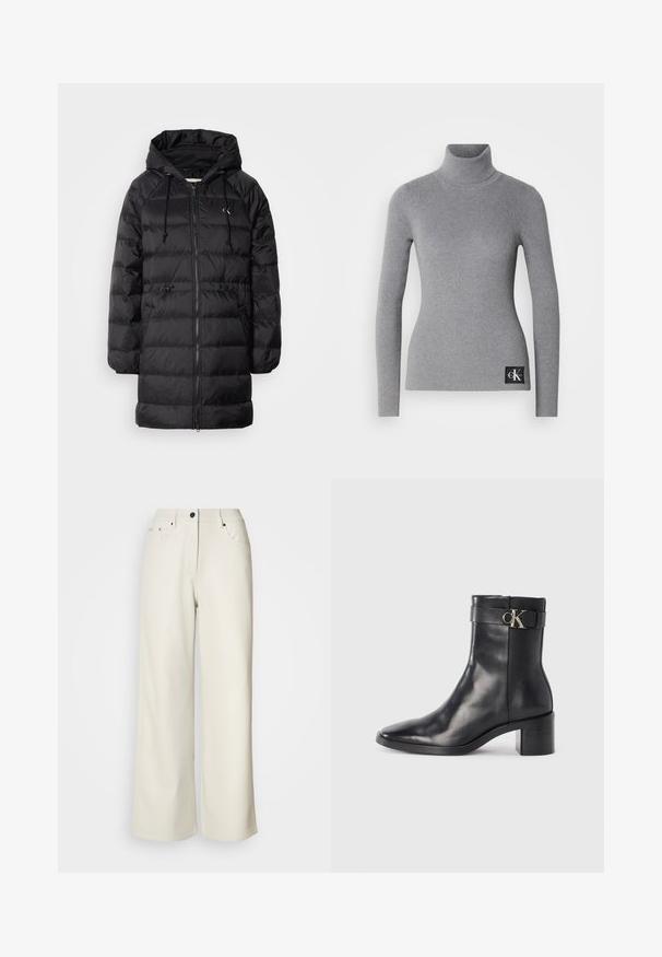 Calvin Klein Jeans Manteau d'hiver - black; Pull en col roulé gris à côtes, à manches longues, au design ajusté, avec une étiquette noire portant des initiales de marque blanches en bas.; Pantalons larges de couleur crème en tissu lisse. Dotés d'une taille mi-haute, d'une fermeture éclair et de deux poches avant avec des accents en matériel noir.; Botte de cheville en cuir noir avec un bout pointu, un talon carré et une sangle avec un détail de logo métallique. Texture lisse et design minimaliste.