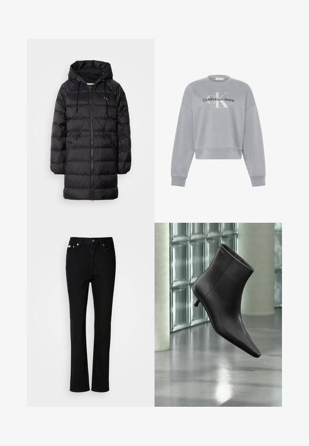 Calvin Klein Jeans Vinterfrakke - black; Lysegrå cropped sweatshirt med lange ærmer, der har hvid "cK" og sort "Calvin Klein Jeans" logo centreret på forsiden.; Sorte lige ben jeans med frontknap og lynlås, belteklip og fem-lomme design.; Sort læderankelstøvle med spids tå og lille hæl vist mod en væg af glasblokke og poleret gulv baggrund.