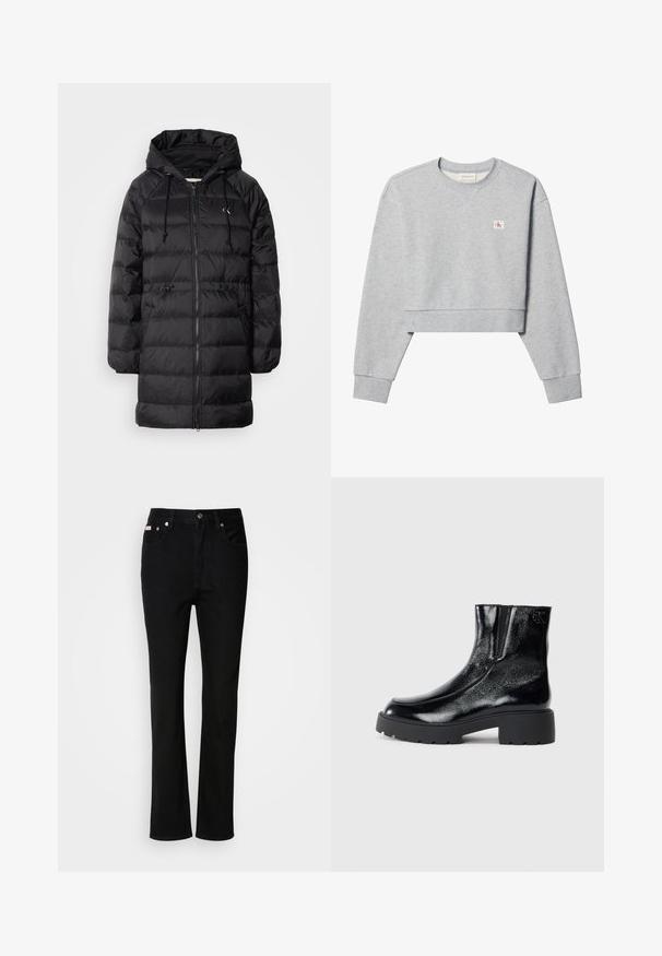Calvin Klein Jeans Manteau d'hiver - black; Sweat-shirt court gris clair à manches longues, col rond, petit logo Calvin Klein rouge et blanc sur la poitrine gauche.; Jean noir à coupe droite, avec bouton et fermeture éclair à l'avant, passants de ceinture et cinq poches.; Bottines noires avec une finition en cuir verni brillant, semelle en caoutchouc noir épaisse et talon surélevé ; inclut un détail de logo subtil sur le côté.