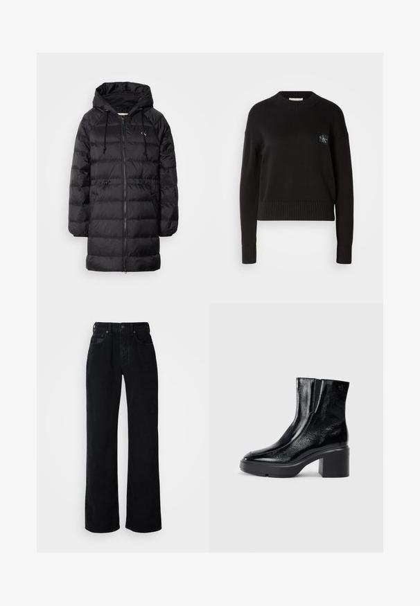 Calvin Klein Jeans Vinterfrakke - black; Sort strikket sweater med rund hals, ribbede manchetter og kant. Har et lille firkantet logo-patch på venstre bryst. Casual fit.; Sorte jeans med vide ben, lavet af bomuldsdenim. Har lukning med knapper foran, bæltestropper og design med fem lommer med diskret syning.; Sorte patenterede læderankelstøvler med en buet tå, elastiske sidepaneler og en kraftig blokhæl. Har et præget logo på bagsiden.