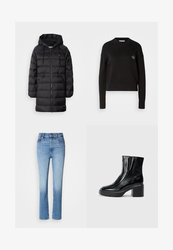 Calvin Klein Jeans Vinterfrakke - black; Sort strikket sweater med rund hals, ribbede manchetter og kant. Har et lille firkantet logo-patch på venstre bryst. Casual fit.; Blå denimjeans med høj talje, lige ben-design, falmede farvegradient og fem-lomme stil. Metalknap- og lynlås-lukning.; Sorte patenterede læderankelstøvler med en buet tå, elastiske sidepaneler og en kraftig blokhæl. Har et præget logo på bagsiden.