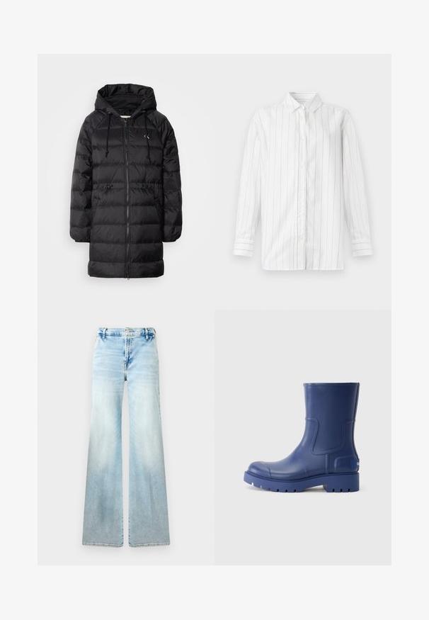 Calvin Klein Jeans Wintermantel - black; Weißes Hemd mit langen Ärmeln, klassischem Kragen und geradem Saum, verziert mit vertikalen schwarzen Streifen. Hergestellt aus leichtem Stoff.; Hellblaue, flared Jeans aus Denim. Sie bietet eine ausgewaschene Optik, Standardtaschen und einen Knopfverschluss an der Taille.; Blaue Gummistiefel mit rundem Zeh und strukturiertem Profil, mit erhöhten Seitennähten und einem Logo-Akzent an der Ferse.