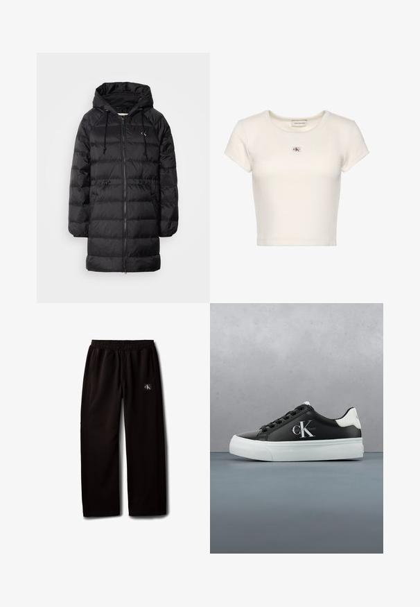 Calvin Klein Jeans Zimný kabát - black; Biela krátka rebrovaná tričko s krátkym rukávom, okrúhlym výstrihom a malou nášivkou s logom Calvin Klein Jeans na hrudi.; Čierne široké nohavice s elastickým pásom a bočnými vreckami, s malou nášivkou s logom Calvin Klein na pravom stehne.; Čiernobiela teniska Calvin Klein s logom na boku, vznášajúca sa nad drevenou a kamennou dlažbou vonku.