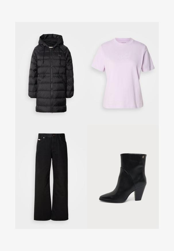 Calvin Klein Jeans Manteau d'hiver - black; T-shirt en coton lilas clair à manches courtes. Présente un logo "CK" imprimé en blanc sur la poitrine. Design standard à col rond.; Jean large noir en coton. Présente des poches avant, une fermeture à bouton, et une texture denim classique. Design minimaliste sans motifs.; Bottine en cuir noir à bout pointu, talon carré et petit logo doré près du bord supérieur sur le côté extérieur.