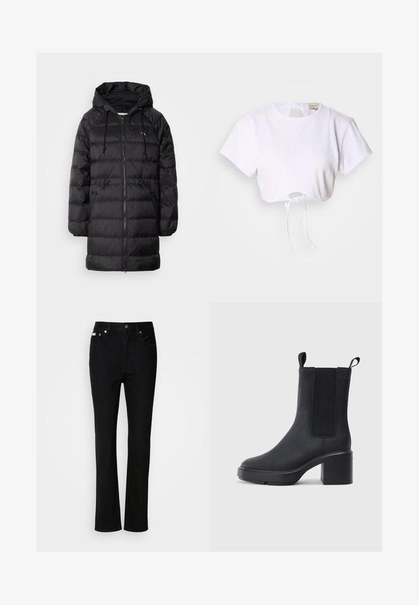 Calvin Klein Jeans Manteau d'hiver - black; T-shirt blanc court en tissu lisse. Présente un col rond, des manches courtes et un cordon de serrage en bas pour des ajustements.; Jean noir à coupe droite, avec bouton et fermeture éclair à l'avant, passants de ceinture et cinq poches.; Bottines noires avec un matériau en caoutchouc lisse, des panneaux latéraux élastiques, un talon carré et des tirettes en haut pour un enfilage facile.
