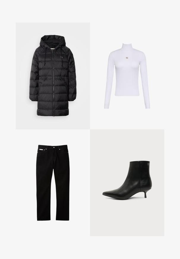 Calvin Klein Jeans Manteau d'hiver - black; Haut blanc à manches longues avec col roulé et petit écusson du logo Calvin Klein centré sur la poitrine.; Jean en denim noir à coupe droite, doté d'une fermeture par bouton et zip, de cinq poches, et d'une petite étiquette logo sur la ceinture.; Bottine en cuir noir avec bout pointu et petit talon kitten sur fond clair, vue côté extérieur.