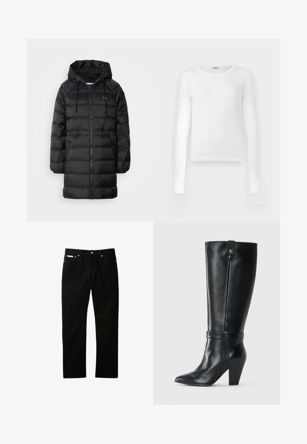 Calvin Klein Jeans Vinterfrakke - black; Hvid langærmet top lavet af ribbet stof, med en rund halsudskæring og fitted design med lige ærmer og en simpel kant.; Sorte denimjeans med lige ben, der har knappelukning og lynlås, fem lommer og en lille logomærkat på taljen.; Sorte læderstøvle til midt på læggen med spids tå, blokhæl, dekorativ rem omkring anklen og lille metallogo nær den øverste kant.