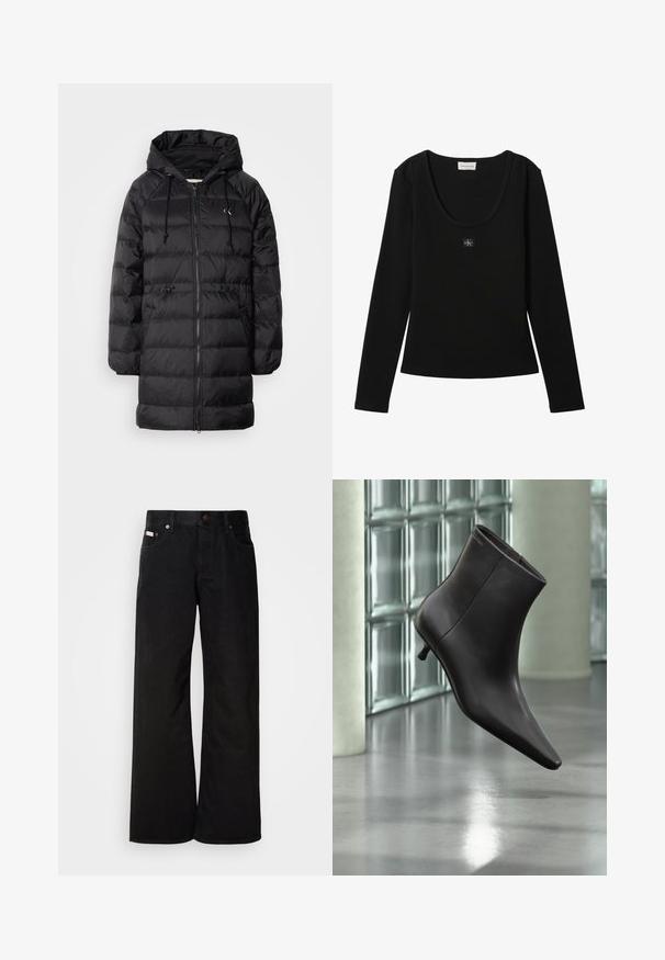 Calvin Klein Jeans Vinterfrakke - black; Sort langærmet ribbet top med rund halsudskæring og lille Calvin Klein logo patch centreret på brystet.; Sorte breddebenede jeans lavet af bomuld. Har forlommer, en knaplukning og en klassisk denimtekstur. Minimalistisk design uden mønstre.; Sort læderankelstøvle med spids tå og lille hæl vist mod en væg af glasblokke og poleret gulv baggrund.