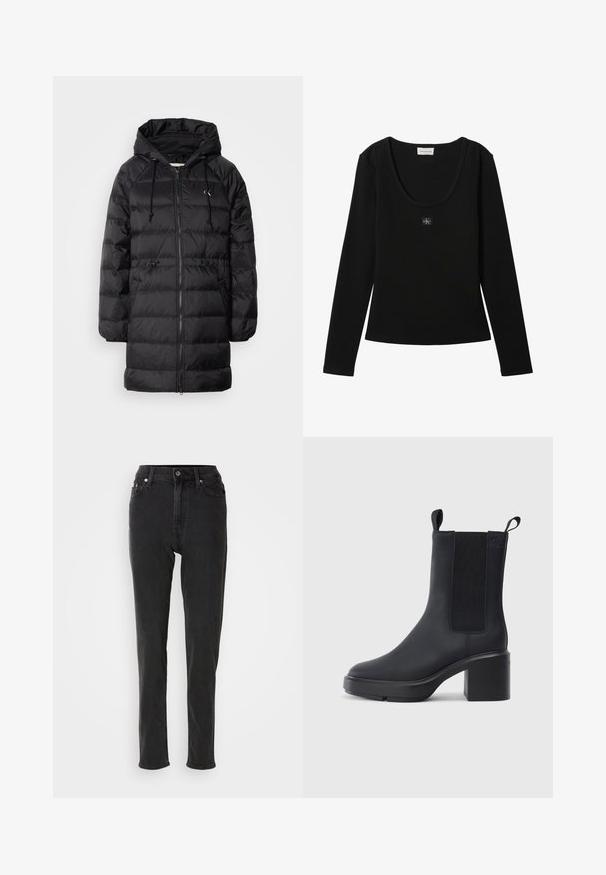 Calvin Klein Jeans Vinterfrakke - black; Sort langærmet ribbet top med rund halsudskæring og lille Calvin Klein logo patch centreret på brystet.; Sorte højttaljede denimjeans med smal pasform, der har knaplukning, bæltestropper og kontrastsyninger. Glat tekstur uden synlige mønstre.; Sorte ankelstøvler i glat gummimateriale, med elastiske sidepaneler, blokhæle og trækskilt øverst for nem påtagning.