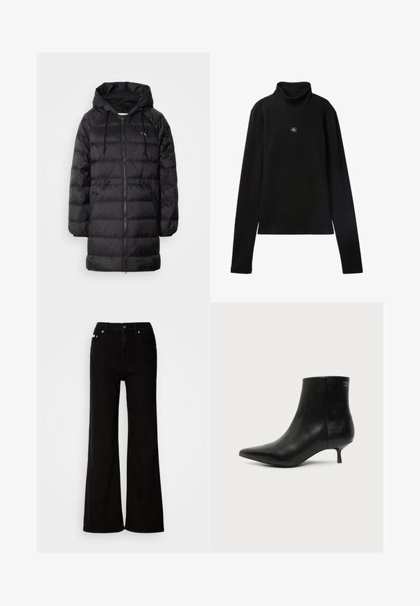 Calvin Klein Jeans Vinterfrakke - black; Sort ribstrikket bluse med lange ærmer og lille firkantet Calvin Klein-logo placeret centralt på brystet.; Sorte denim flared jeans med høj talje, der har lynlås og knaplukning, sidelommer og subtile hardware-detaljer.; Sort læder ankelstøvle med spids tå og lav kitten hæl på lys baggrund, der viser yderside.
