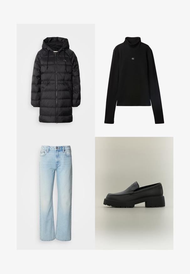 Calvin Klein Jeans Zimný kabát - black; Čierny rebrovaný top s dlhým rukávom a rolákom s malou štvorcovou nášivkou s logom Calvin Klein uprostred na hrudi.; Svetlomodré široké džínsy vyrobené z denimu, s klasickým päť-pocket dizajnom a jemnou vyblednutou textúrou. Švy z denimu sú viditeľné.; Čierna kožená mokasína s masívnou podrážkou, blokovým podpätkom a malým kovovým logom na hornej časti, zobrazená z profilu na neutrálnom pozadí.