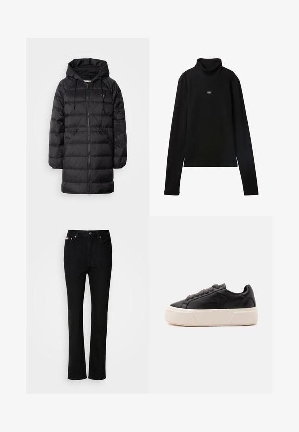 Calvin Klein Jeans Manteau d'hiver - black; Haut noir à col roulé côtelé à manches longues avec petit patch carré du logo Calvin Klein centré sur la poitrine.; Jean noir à coupe droite, avec bouton et fermeture éclair à l'avant, passants de ceinture et cinq poches.; Baskets basses en cuir noir avec semelle plateforme blanche épaisse et lacets gris foncé, vue de côté sur fond clair uni.