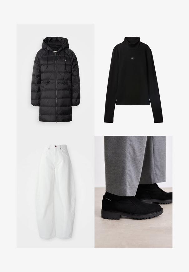 Calvin Klein Jeans Wintermantel - black; Zwarte geribde coltrui met lange mouwen en een klein vierkant Calvin Klein-logo midden op de borst.; Hoge taille witte spijkerbroek met een losse pasvorm. Voorzien van een knoopsluiting, zijzakken en een minimalistisch ontwerp. Glad textuur.; Zwarte suède enkellaarsjes met een rubberen zool, voorzien van een elastische zijpaneel en een logo-accent op de hak. Gecombineerd met grijze broeken.