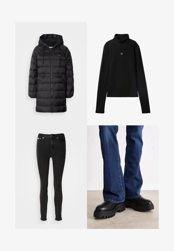 Calvin Klein Jeans Manteau d'hiver - black; Haut noir à col roulé côtelé à manches longues avec petit patch carré du logo Calvin Klein centré sur la poitrine.; Jean skinny noir en denim à texture lisse, doté d'un design à cinq poches, passants pour ceinture et fermeture par bouton en métal.; Bottes plates-formes noires robustes avec des semelles en caoutchouc texturé, bout rond et empiècement en cuir lisse, associées à un jean bleu évasé.