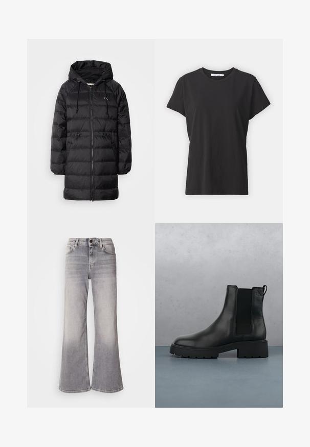 Calvin Klein Jeans Vinterfrakke - black; Sort bomulds t-shirt med klassisk rund hals, korte ærmer og afslappet pasform. Glat tekstur, ingen synlige mønstre eller detaljer.; Mos Mosh HERA - Flared jeans - grey; Sort læder Chelsea-boot med elastiske sidepaneler, tekstureret finish og en robust sål, placeret over brune træfliser med småsten.