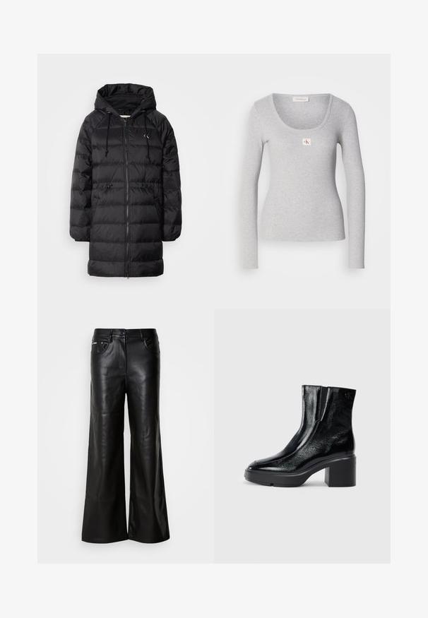 Calvin Klein Jeans Vinterfrakke - black; Grå langærmet skjorte med scoop-halsudskæring, ribbet tekstur og et lille CK-logo-patch på fronten. Fremstillet af blødt stof.; Sorte læder bukser med bredde ben og en glat tekstur, der har en frontknaplukning, to sidelommer og minimale syninger.; Sorte patenterede læderankelstøvler med en buet tå, elastiske sidepaneler og en kraftig blokhæl. Har et præget logo på bagsiden.